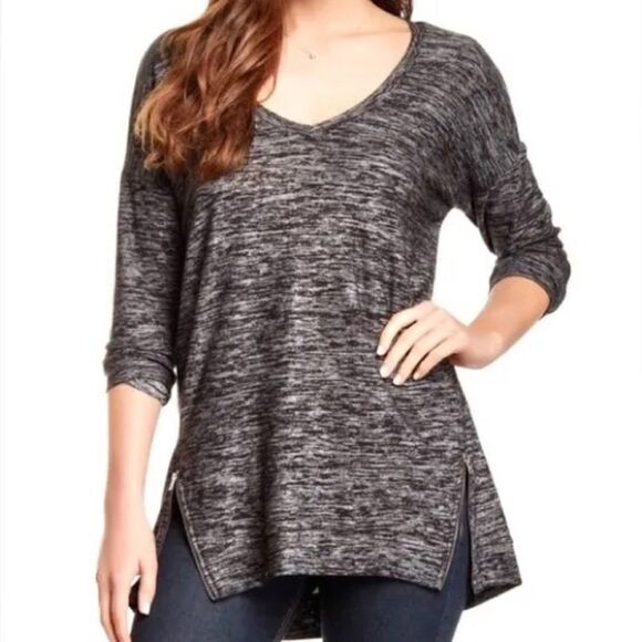 SPLENDID Zipper Sides Long Sleeve Heathered Relaxed Top in Charcoal Small - Picture 2 of 4